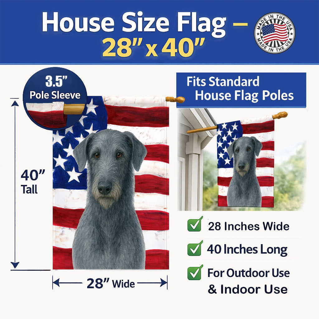 Blue-Gray Scottish Deerhound American Flag House Flag 28x40 Porch Sleeve Pole Decorative Outside Yard Banner Artwork Wall Hanging, Polyester
