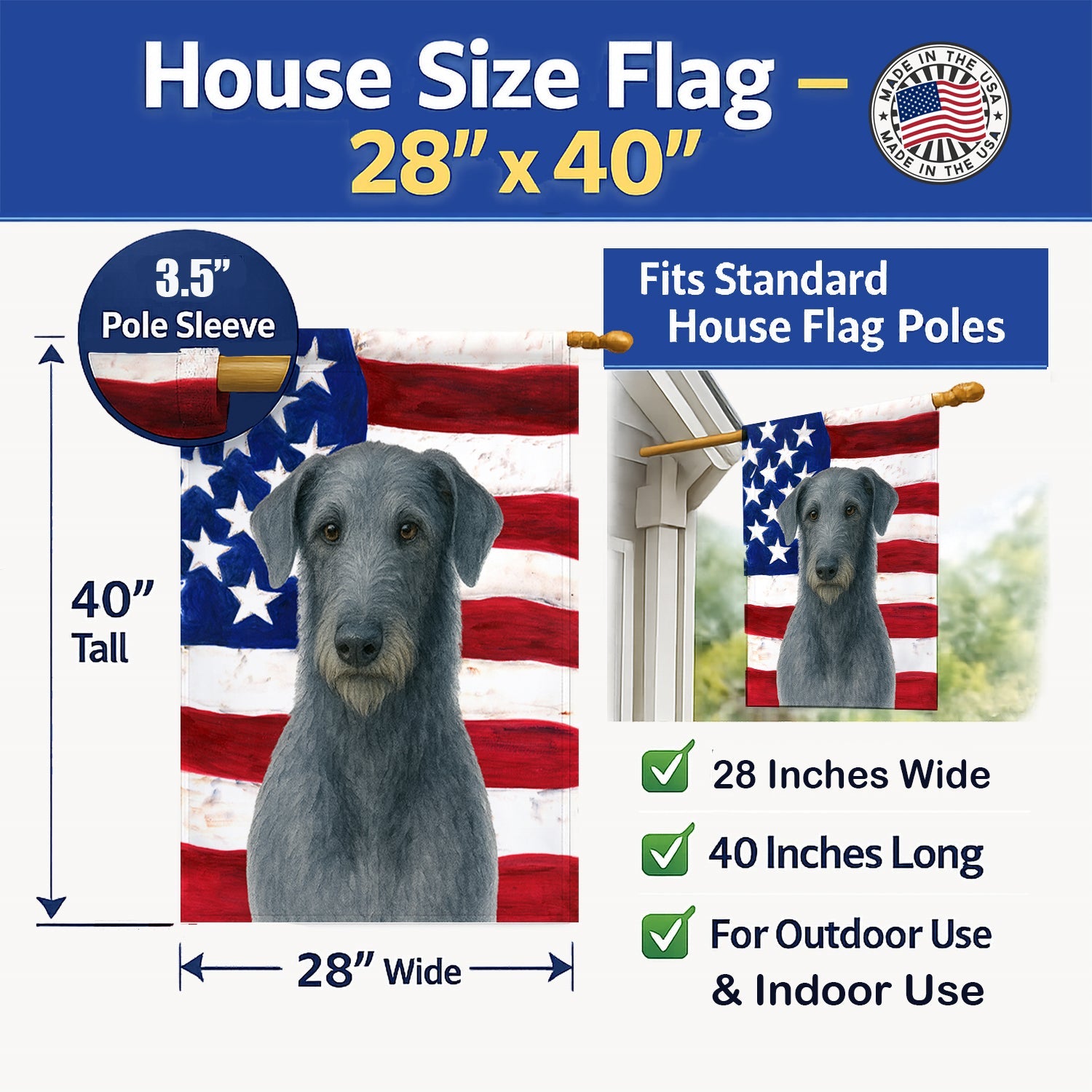 Blue-Gray Scottish Deerhound American Flag House Flag 28x40 Porch Sleeve Pole Decorative Outside Yard Banner Artwork Wall Hanging, Polyester