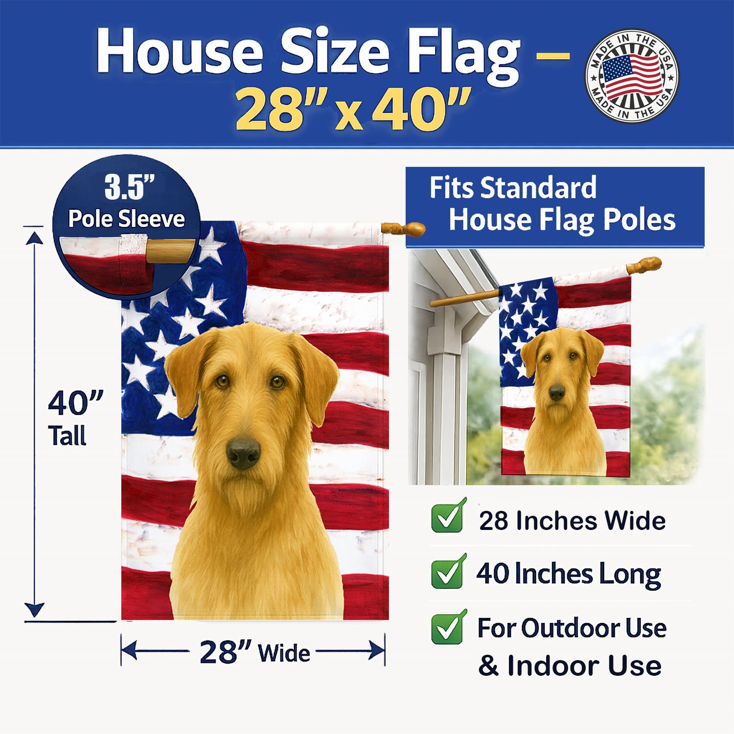 Wheaten Scottish Deerhound American Flag House Flag 28x40 Porch Sleeve Pole Decorative Outside Yard Banner Artwork Wall Hanging, Polyester