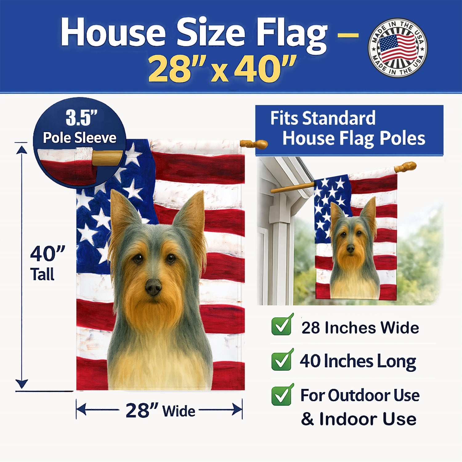 Blue and Tan Silky Terrier American Flag House Flag 28x40 Porch Sleeve Pole Decorative Outside Yard Banner Artwork Wall Hanging, Polyester