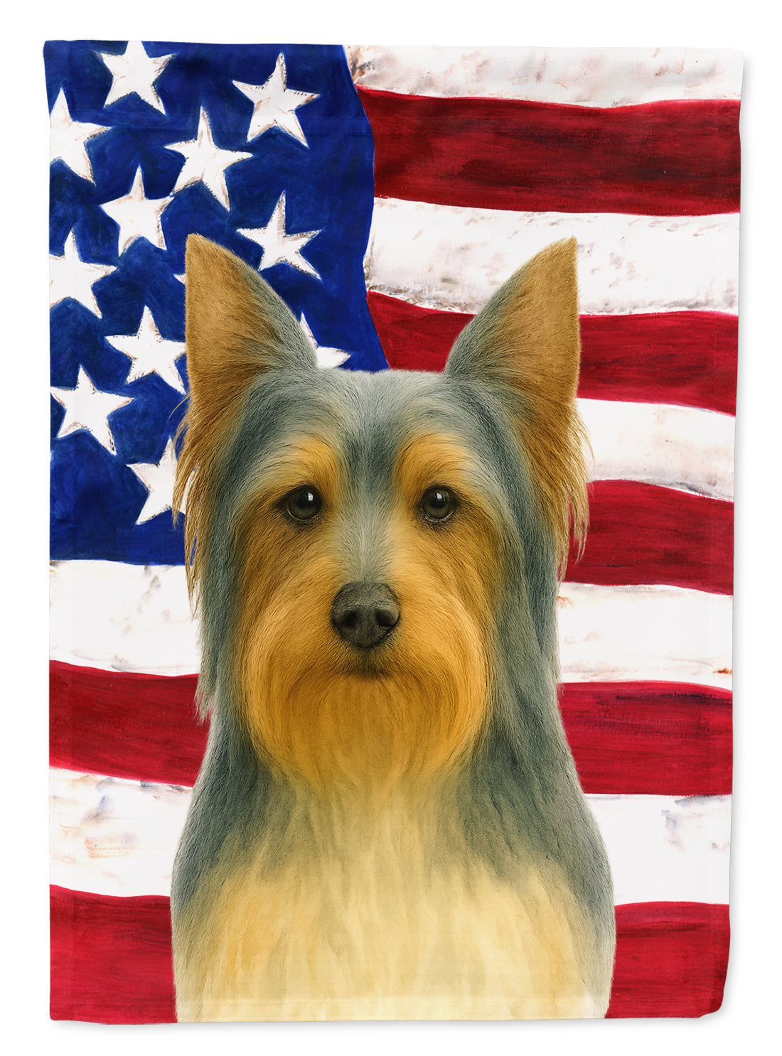 Blue and Tan Silky Terrier American Flag House Flag 28x40 Porch Sleeve Pole Decorative Outside Yard Banner Artwork Wall Hanging, Polyester