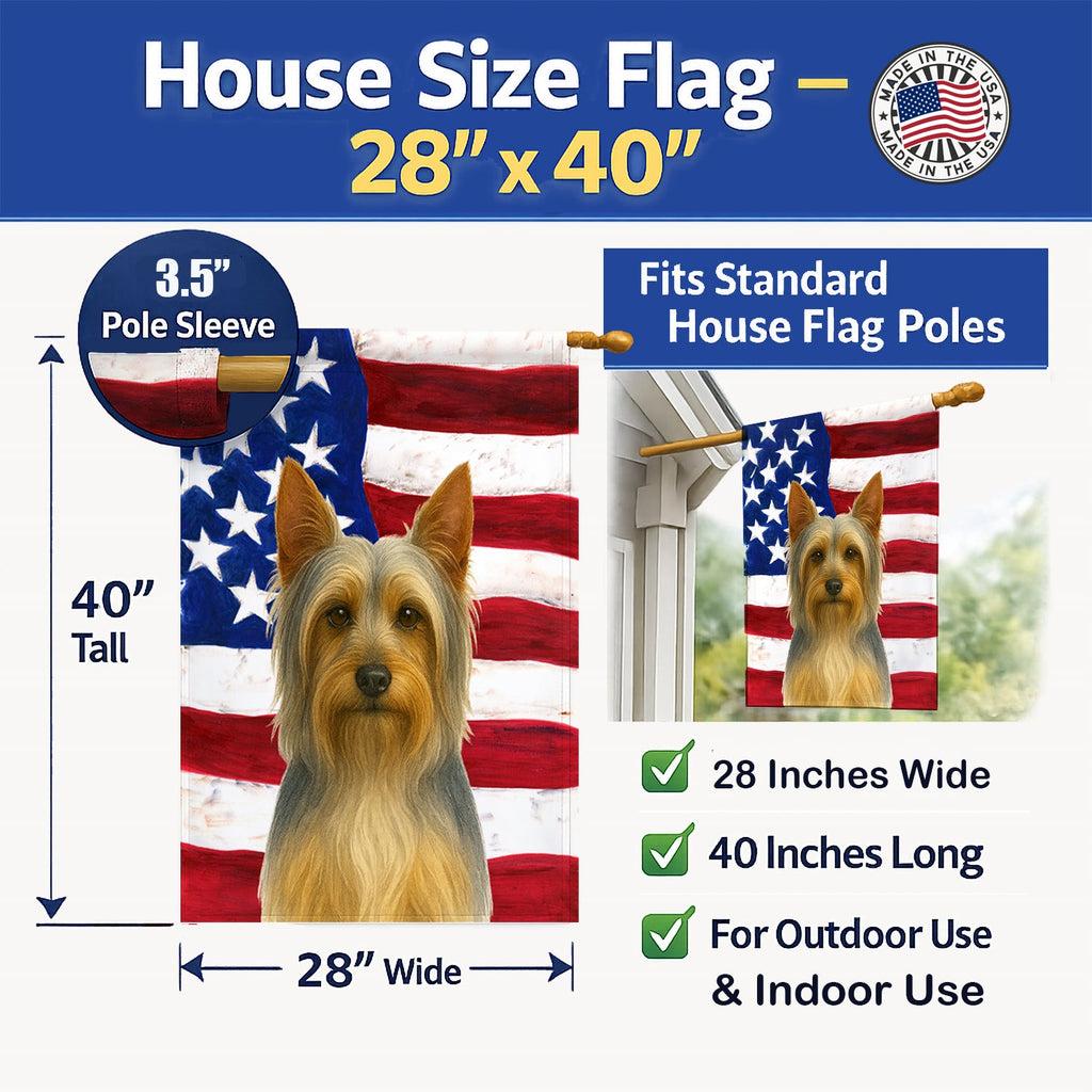 Silver and Tan Silky Terrier American Flag House Flag 28x40 Porch Sleeve Pole Decorative Outside Yard Banner Artwork Wall Hanging, Polyester