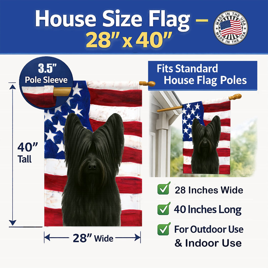 Black Skye Terrier American Flag House Flag 28x40 Porch Sleeve Pole Decorative Outside Yard Banner Artwork Wall Hanging, Polyester
