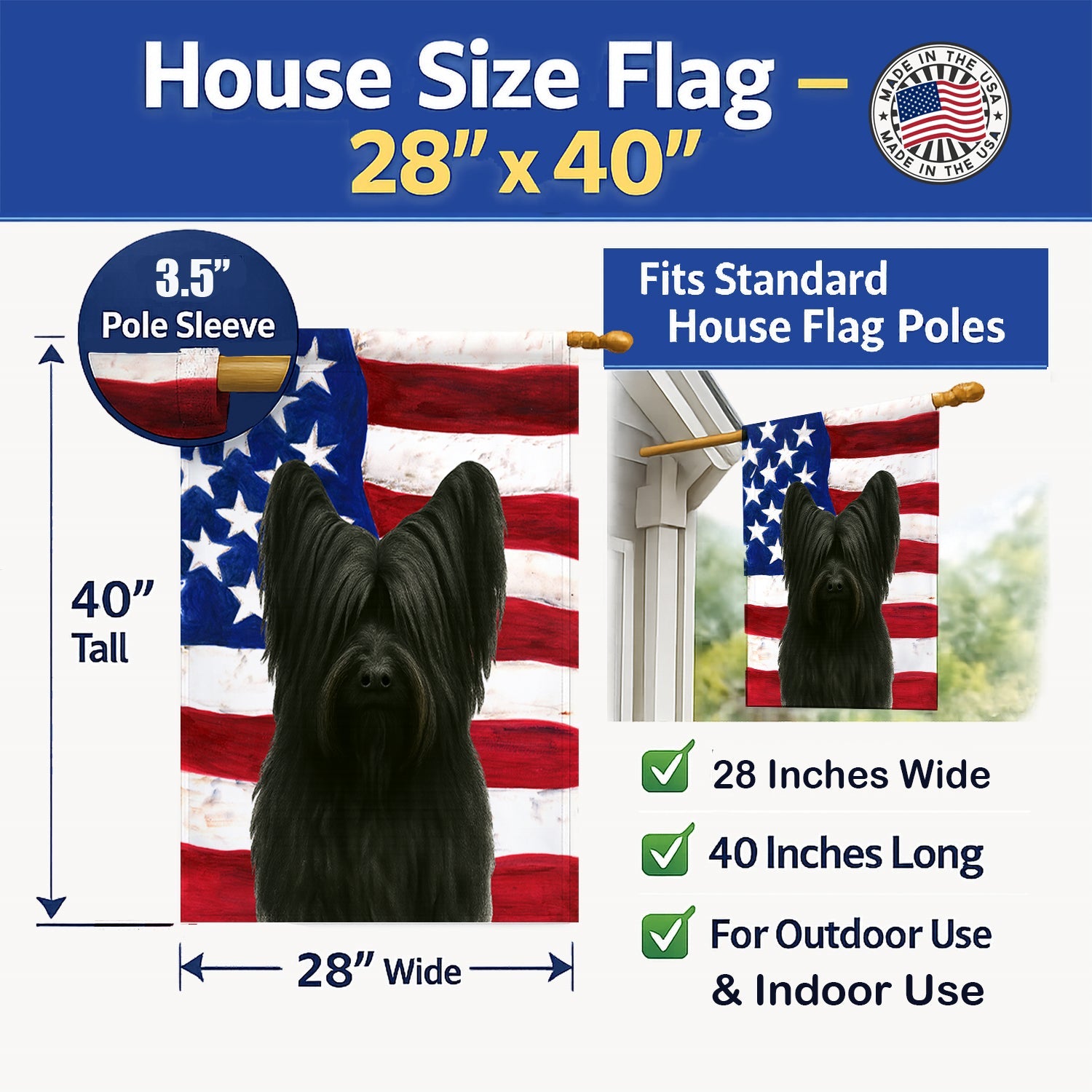 Black Skye Terrier American Flag House Flag 28x40 Porch Sleeve Pole Decorative Outside Yard Banner Artwork Wall Hanging, Polyester