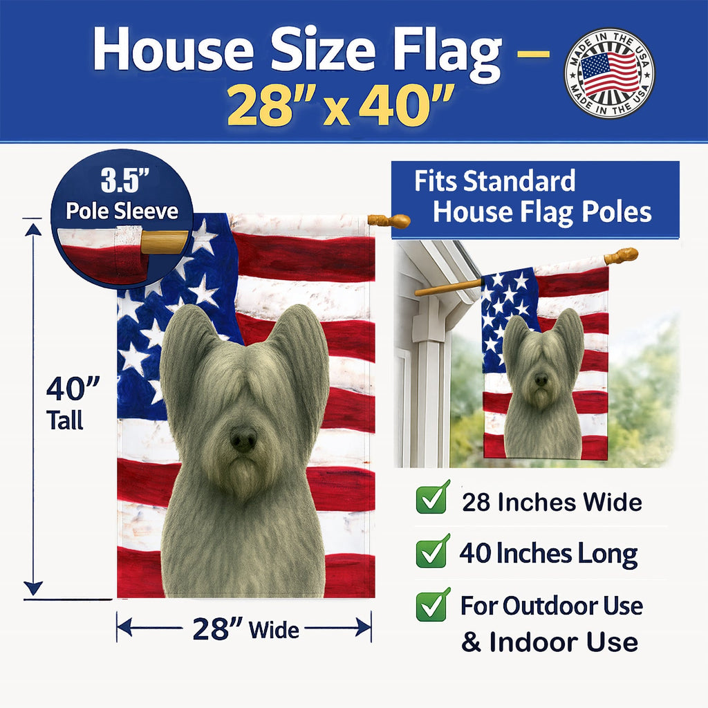 Gray Skye Terrier American Flag House Flag 28x40 Porch Sleeve Pole Decorative Outside Yard Banner Artwork Wall Hanging, Polyester