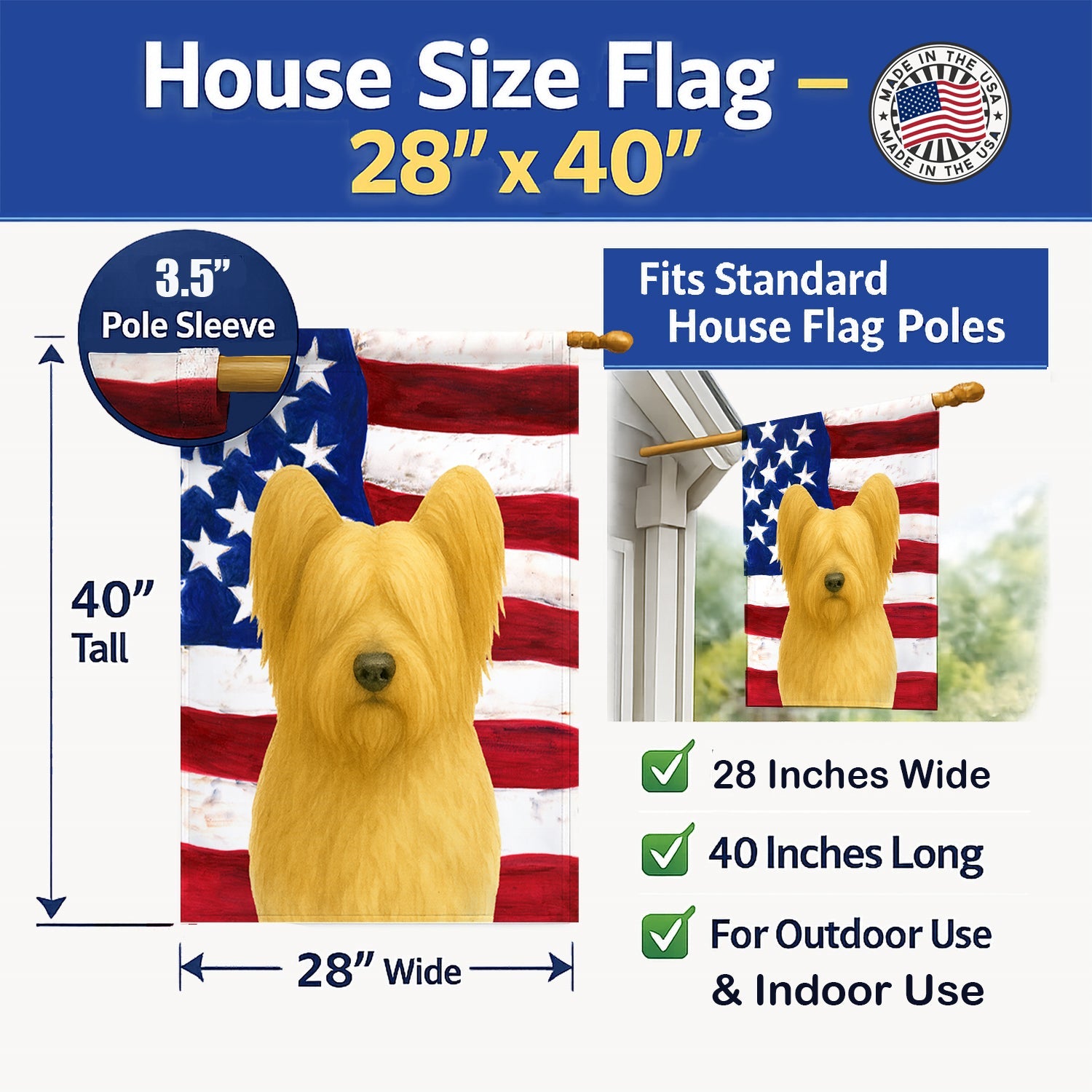 Wheaten Skye Terrier American Flag House Flag 28x40 Porch Sleeve Pole Decorative Outside Yard Banner Artwork Wall Hanging, Polyester