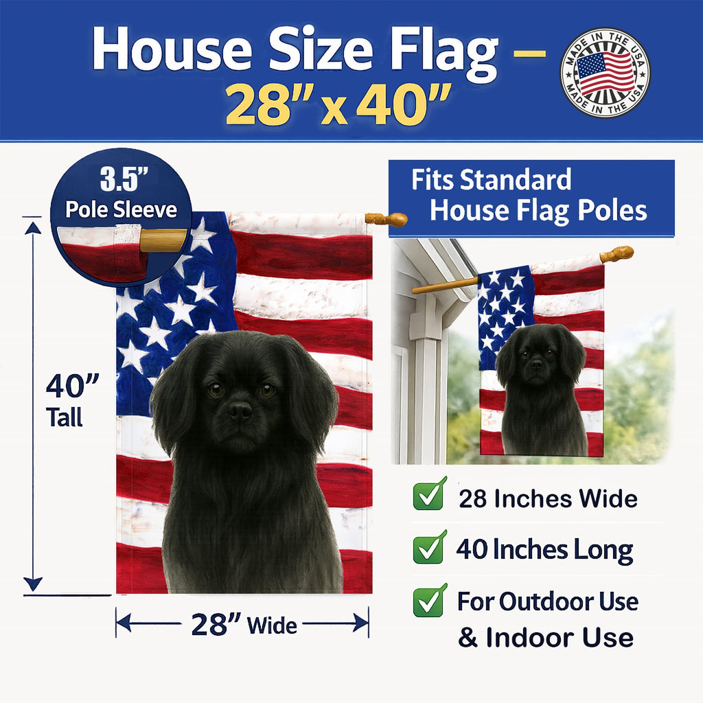 Black Tibetan Spaniel American Flag House Flag 28x40 Porch Sleeve Pole Decorative Outside Yard Banner Artwork Wall Hanging, Polyester