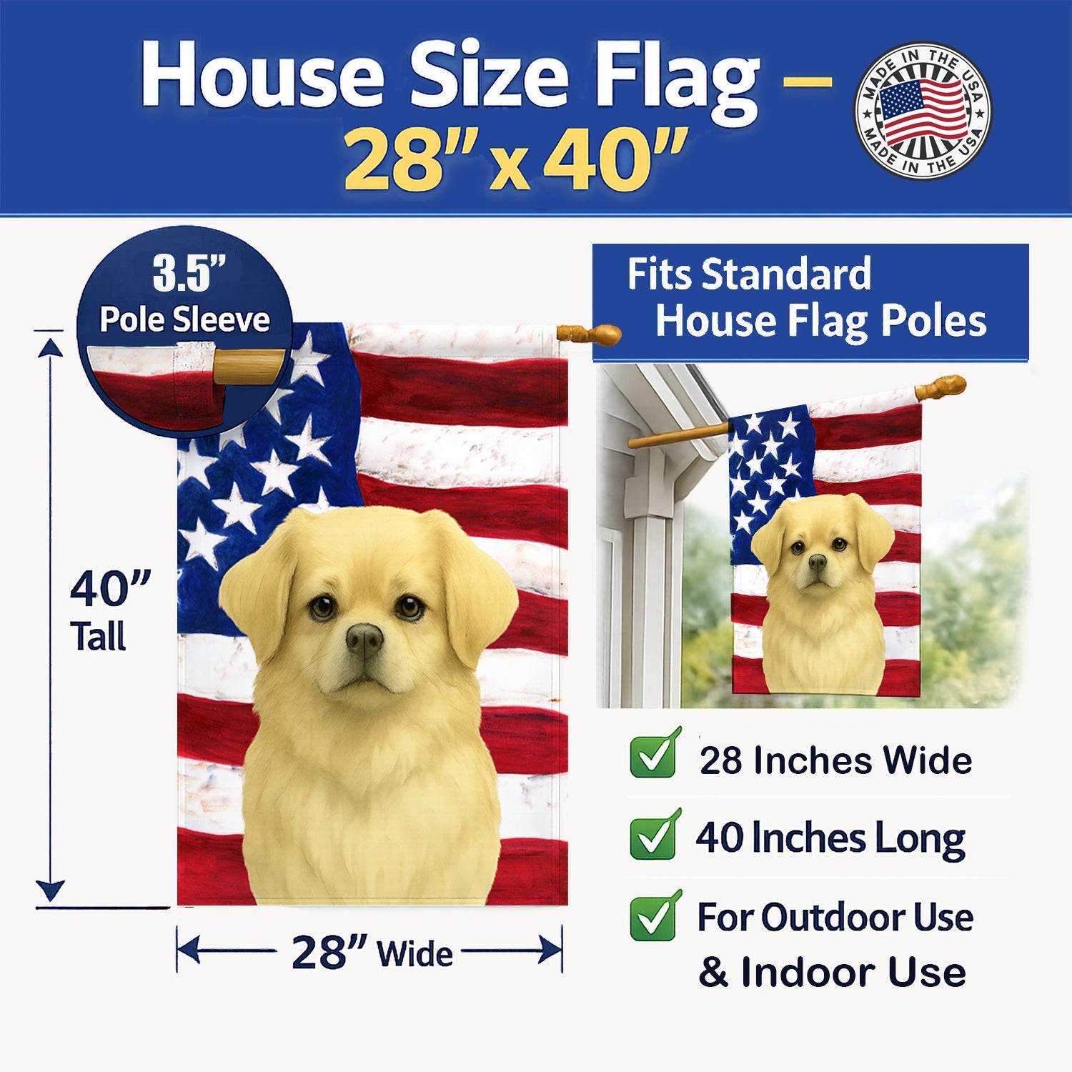 Cream Tibetan Spaniel American Flag House Flag 28x40 Porch Sleeve Pole Decorative Outside Yard Banner Artwork Wall Hanging, Polyester