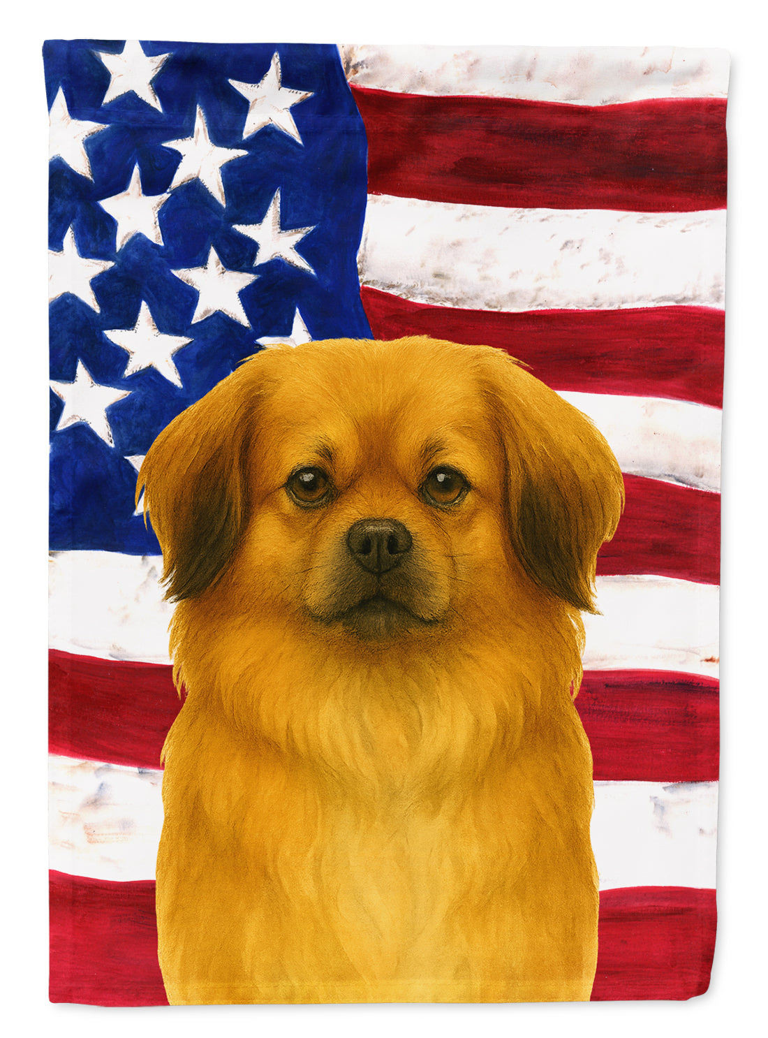 Gold Tibetan Spaniel American Flag House Flag 28x40 Porch Sleeve Pole Decorative Outside Yard Banner Artwork Wall Hanging, Polyester