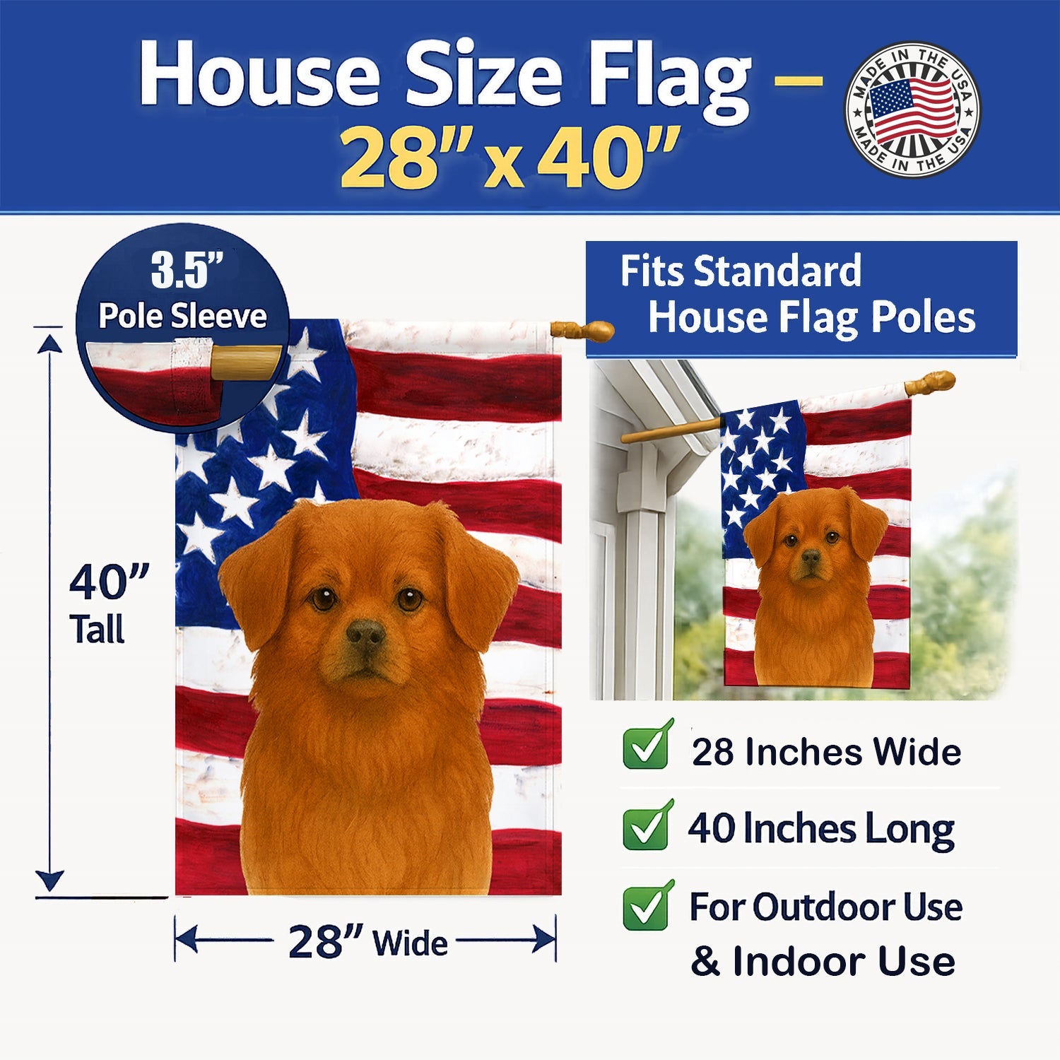 Red Tibetan Spaniel American Flag House Flag 28x40 Porch Sleeve Pole Decorative Outside Yard Banner Artwork Wall Hanging, Polyester