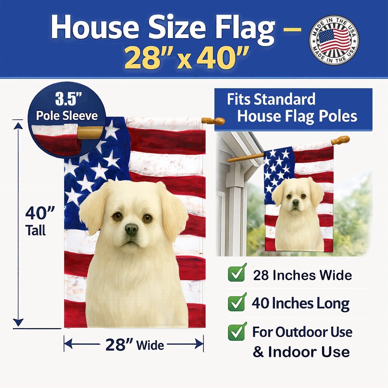 White Tibetan Spaniel American Flag House Flag 28x40 Porch Sleeve Pole Decorative Outside Yard Banner Artwork Wall Hanging, Polyester