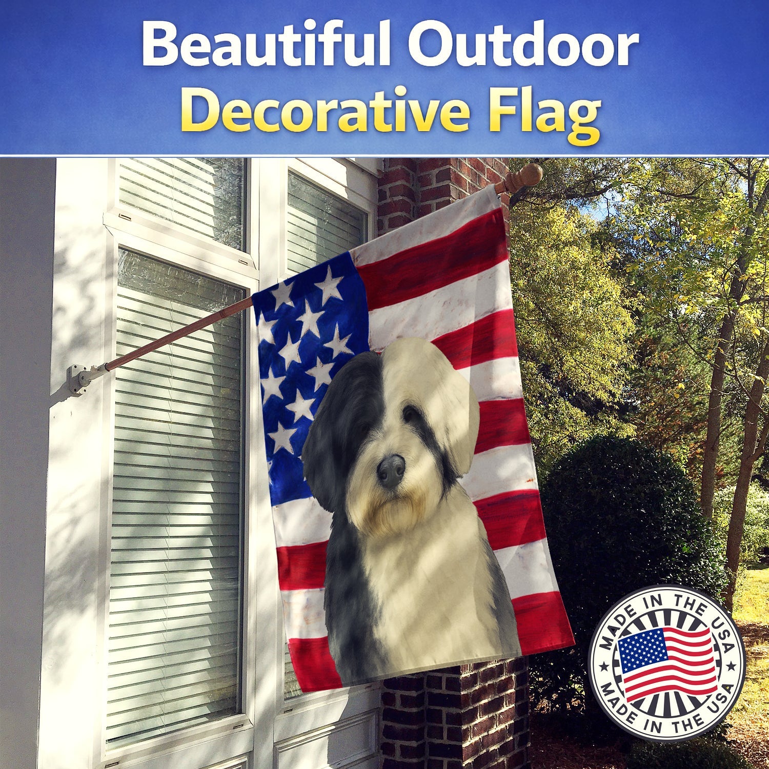 Black and White Tibetan Spaniel American Flag House Flag 28x40 Porch Sleeve Pole Decorative Outside Yard Banner Artwork Wall Hanging, Polyester