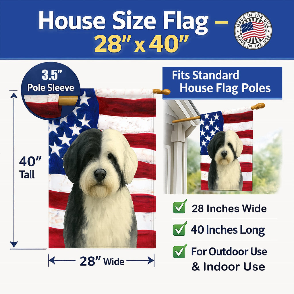 Black and White Tibetan Spaniel American Flag House Flag 28x40 Porch Sleeve Pole Decorative Outside Yard Banner Artwork Wall Hanging, Polyester