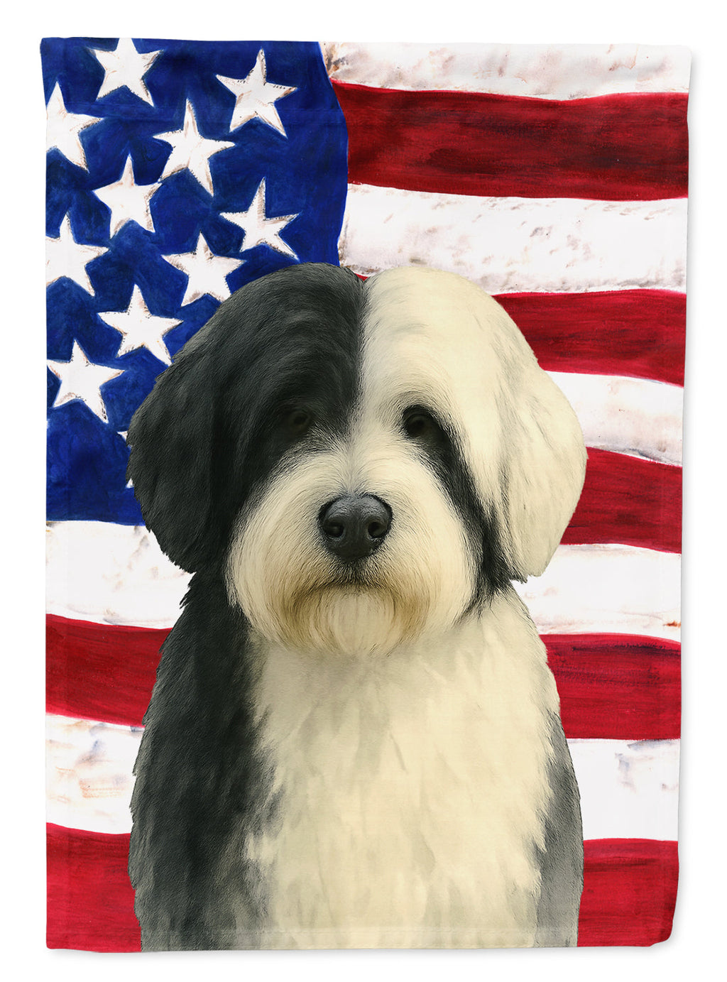 Black and White Tibetan Spaniel American Flag House Flag 28x40 Porch Sleeve Pole Decorative Outside Yard Banner Artwork Wall Hanging, Polyester