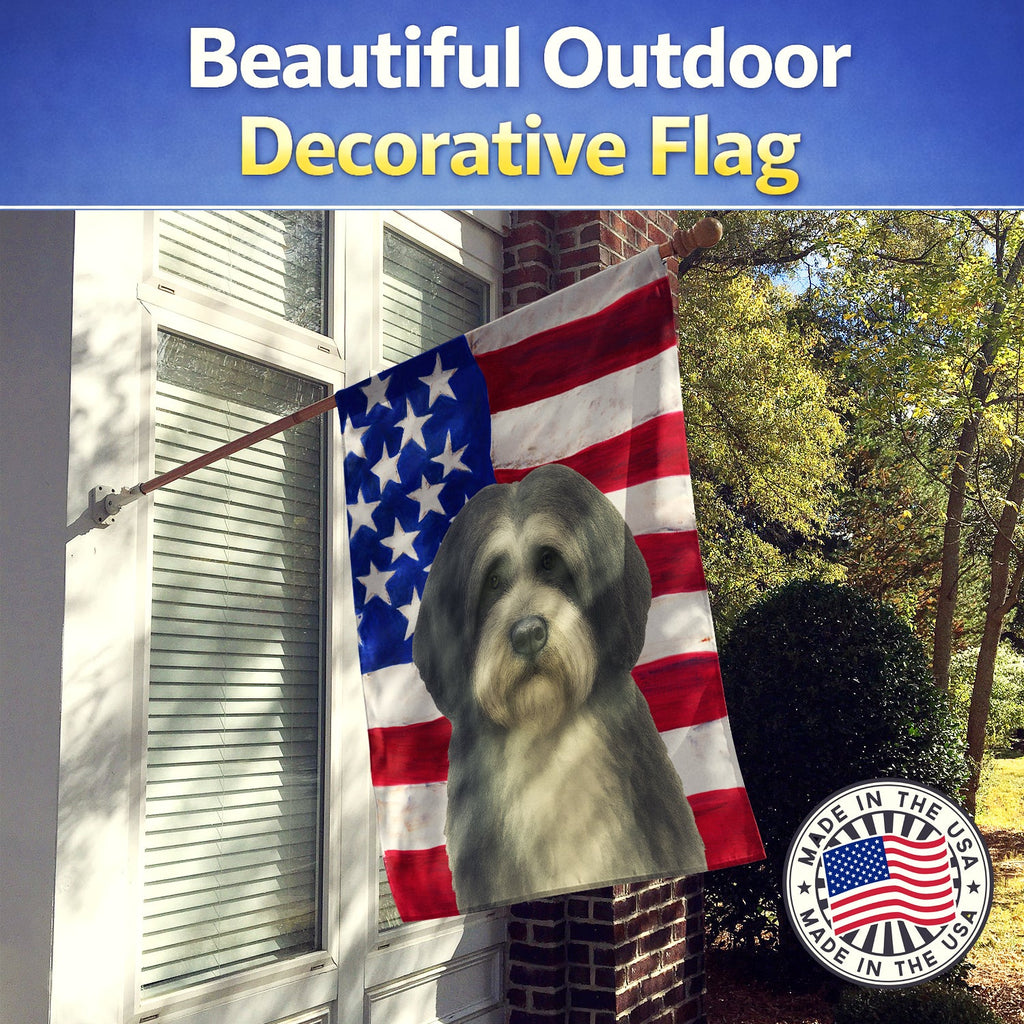 Gray and White Tibetan Spaniel American Flag House Flag 28x40 Porch Sleeve Pole Decorative Outside Yard Banner Artwork Wall Hanging, Polyester