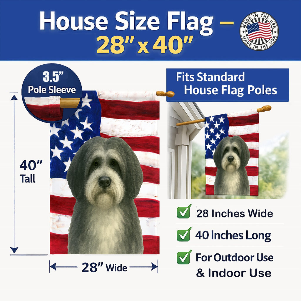 Gray and White Tibetan Spaniel American Flag House Flag 28x40 Porch Sleeve Pole Decorative Outside Yard Banner Artwork Wall Hanging, Polyester