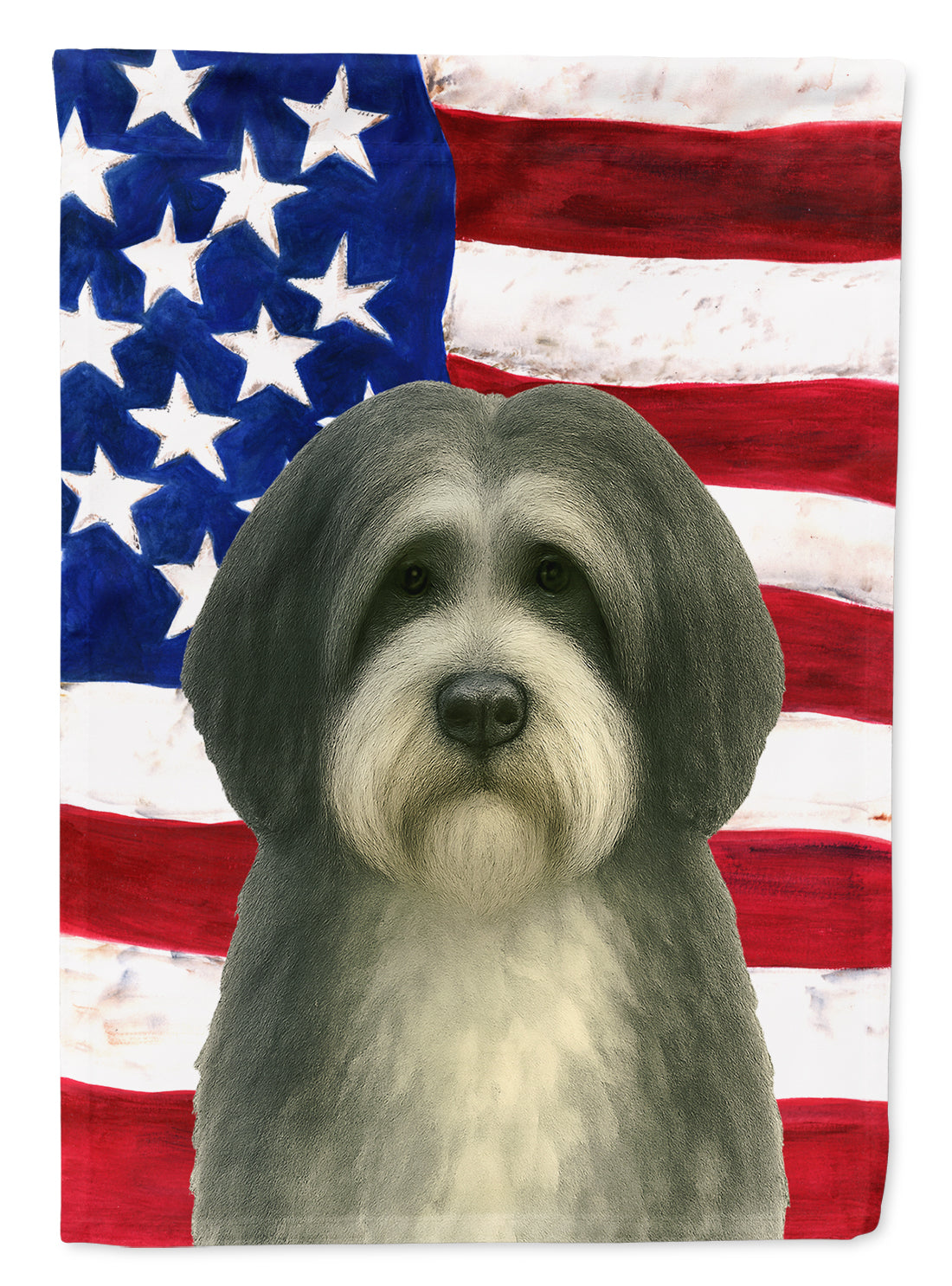 Gray and White Tibetan Spaniel American Flag House Flag 28x40 Porch Sleeve Pole Decorative Outside Yard Banner Artwork Wall Hanging, Polyester