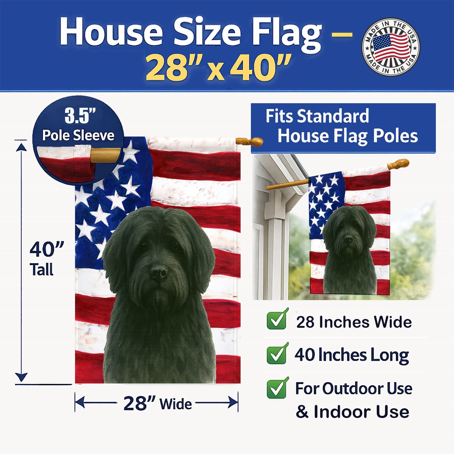 Black Tibetan Spaniel American Flag House Flag 28x40 Porch Sleeve Pole Decorative Outside Yard Banner Artwork Wall Hanging, Polyester