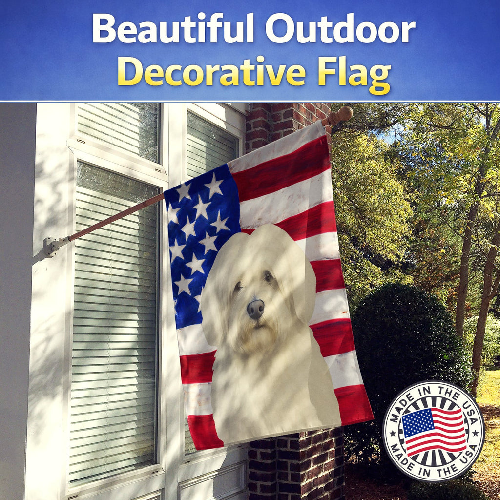 White Tibetan Spaniel American Flag House Flag 28x40 Porch Sleeve Pole Decorative Outside Yard Banner Artwork Wall Hanging, Polyester