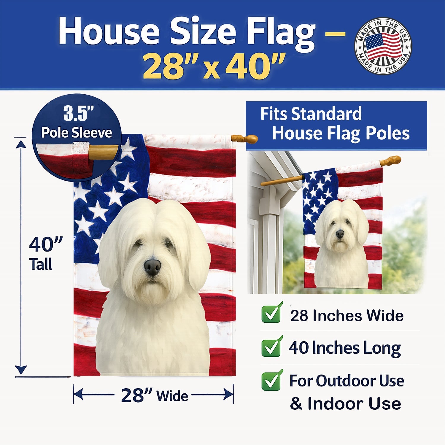 White Tibetan Spaniel American Flag House Flag 28x40 Porch Sleeve Pole Decorative Outside Yard Banner Artwork Wall Hanging, Polyester