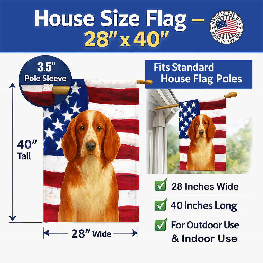 Welsh Springer Spaniel American Flag House Flag 28x40 Porch Sleeve Pole Decorative Outside Yard Banner Artwork Wall Hanging, Polyester