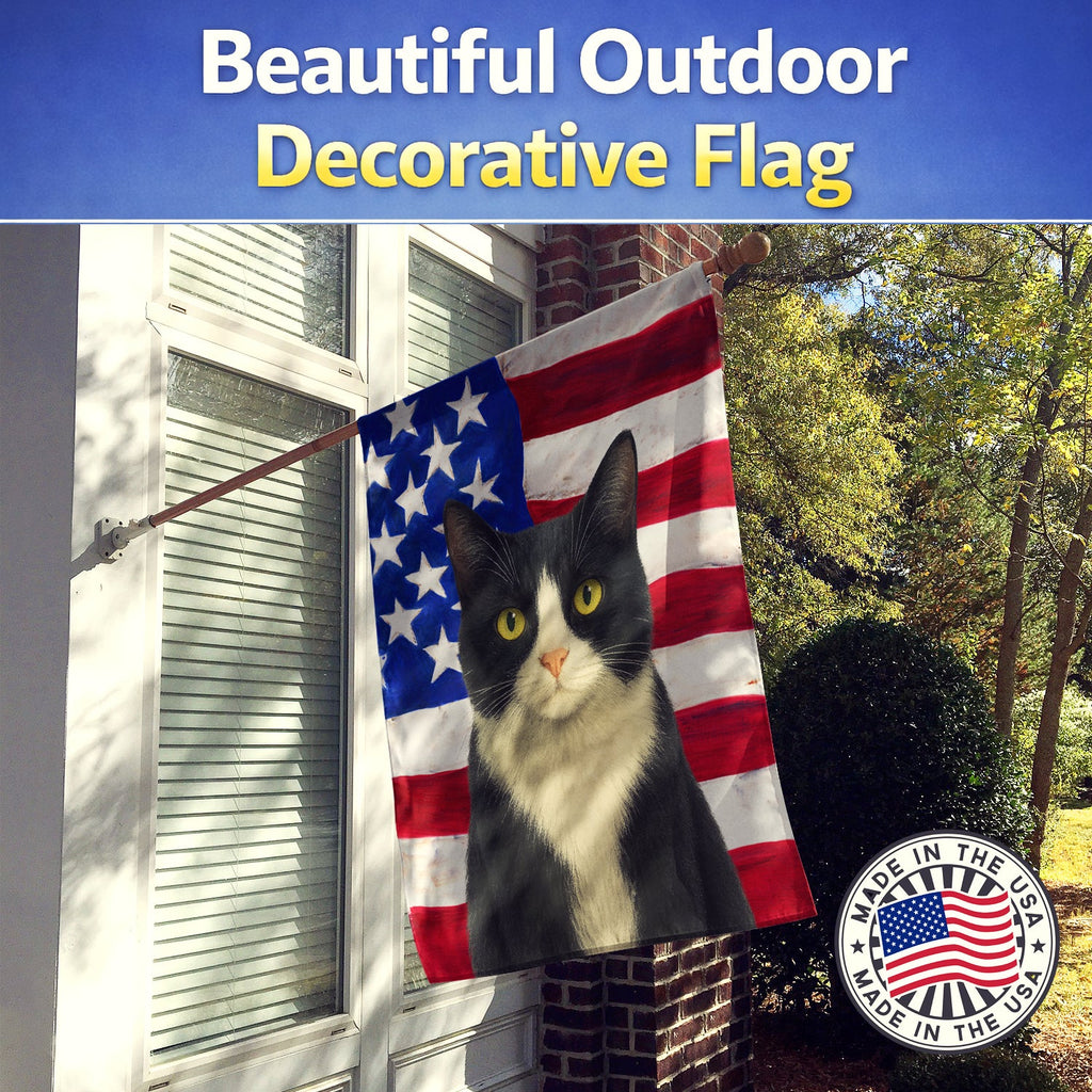 Black and White Tuxedo Cat American House Flag 28x40 Porch Sleeve Pole Decorative Outside Yard Banner Artwork Wall Hanging, Polyester
