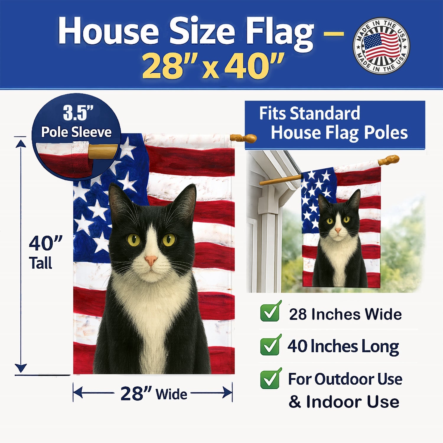 Black and White Tuxedo Cat American House Flag 28x40 Porch Sleeve Pole Decorative Outside Yard Banner Artwork Wall Hanging, Polyester