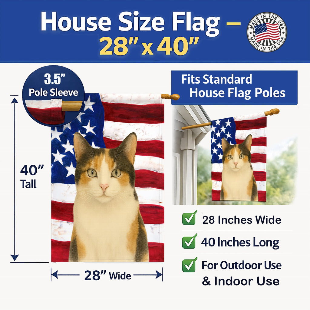Calico Cat American House Flag 28x40 Porch Sleeve Pole Decorative Outside Yard Banner Artwork Wall Hanging, Polyester
