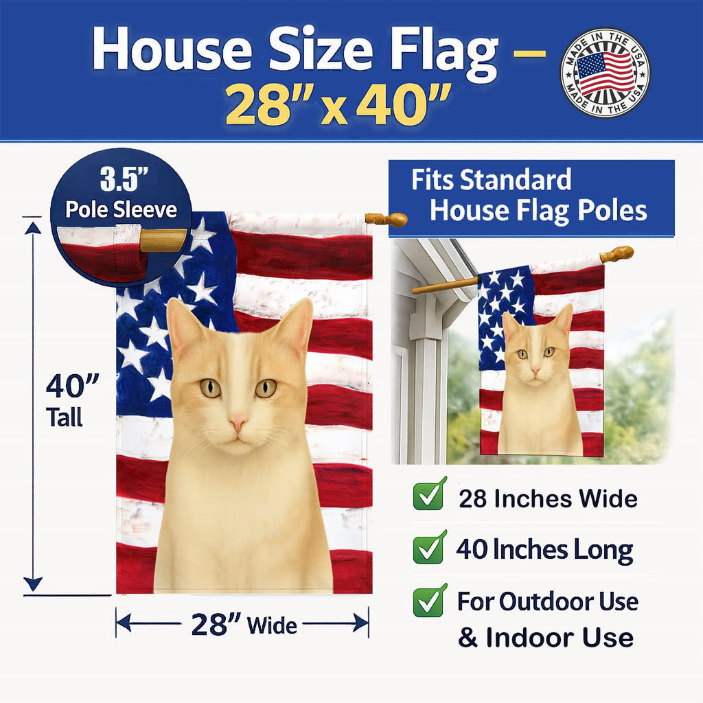 Cream and White Cat American House Flag 28x40 Porch Sleeve Pole Decorative Outside Yard Banner Artwork Wall Hanging, Polyester