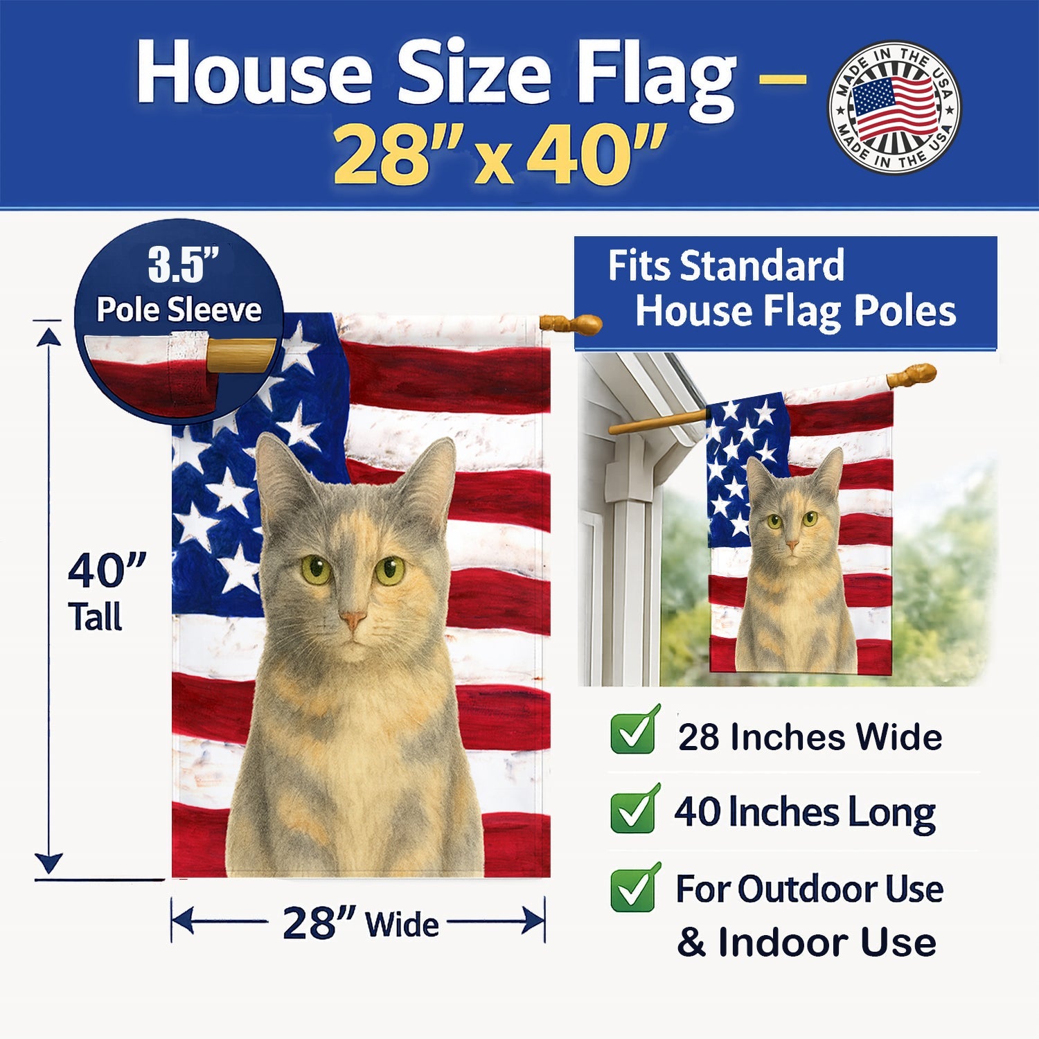 Dilute Tortoiseshell Cat American House Flag 28x40 Porch Sleeve Pole Decorative Outside Yard Banner Artwork Wall Hanging, Polyester