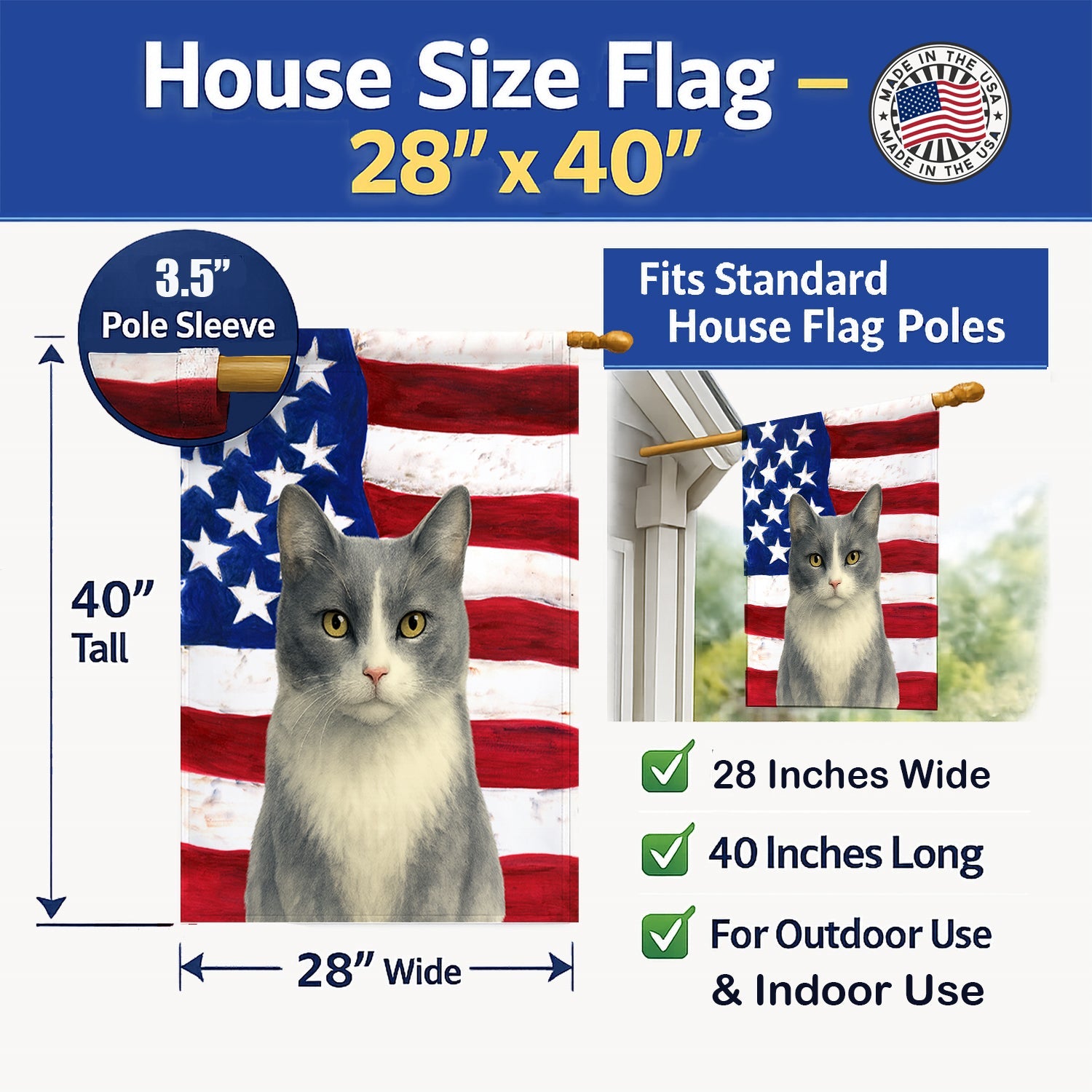Gray and White Cat American House Flag 28x40 Porch Sleeve Pole Decorative Outside Yard Banner Artwork Wall Hanging, Polyester