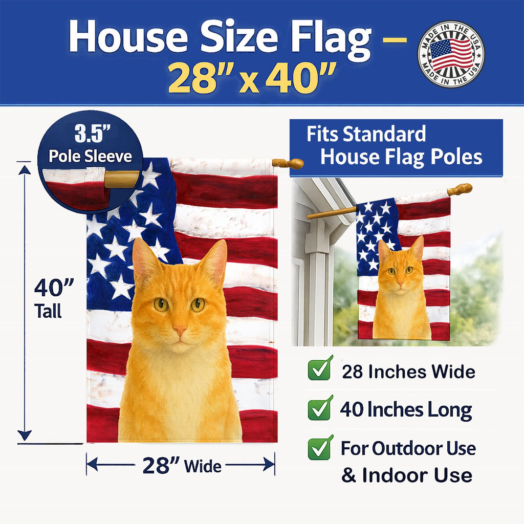 Orange and White Cat American House Flag 28x40 Porch Sleeve Pole Decorative Outside Yard Banner Artwork Wall Hanging, Polyester