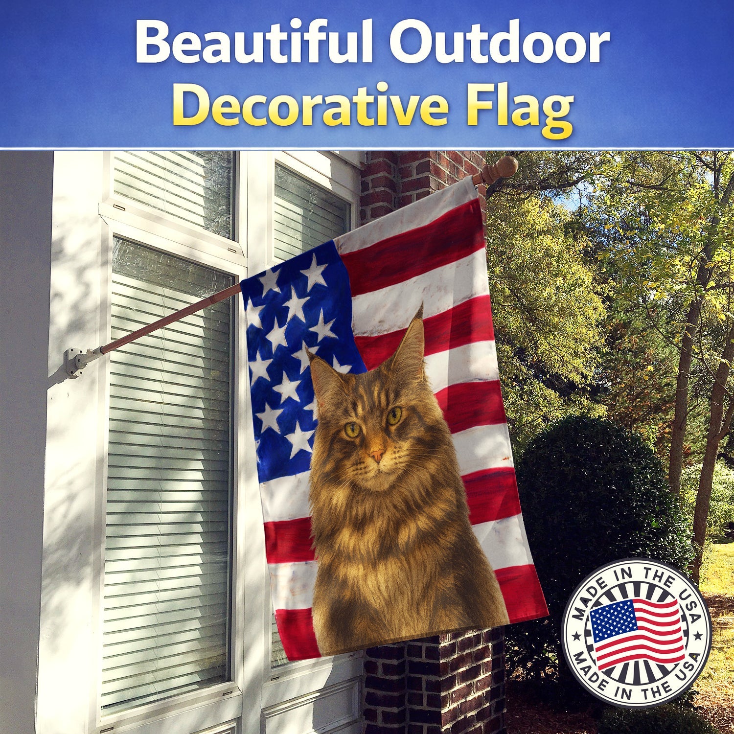MainCoon Brown Tabby Cat American House Flag 28x40 Porch Sleeve Pole Decorative Outside Yard Banner Artwork Wall Hanging, Polyester