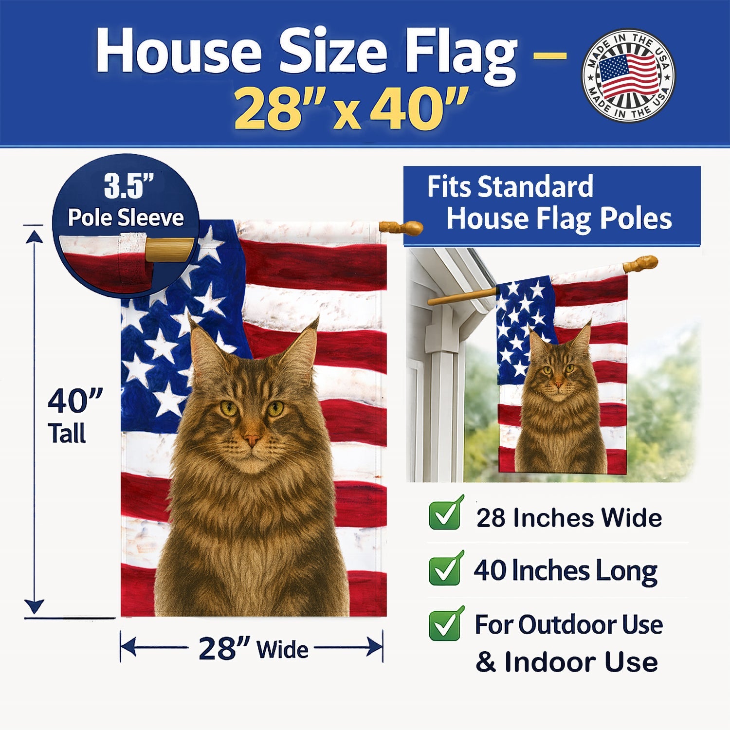 MainCoon Brown Tabby Cat American House Flag 28x40 Porch Sleeve Pole Decorative Outside Yard Banner Artwork Wall Hanging, Polyester