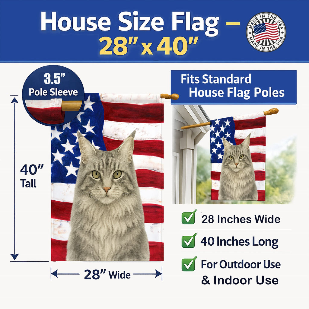 MainCoon Silver Tabby Cat American House Flag 28x40 Porch Sleeve Pole Decorative Outside Yard Banner Artwork Wall Hanging, Polyester