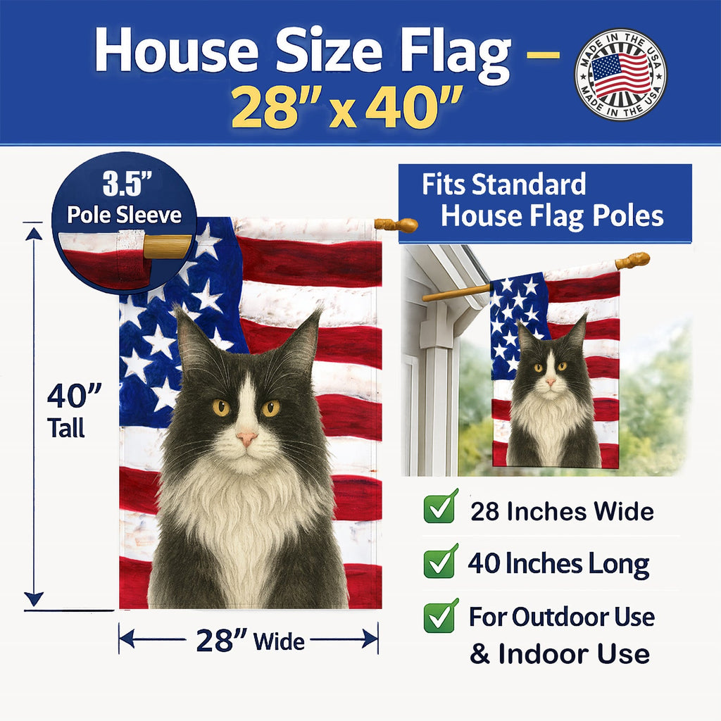 MainCoon Black and White Tabby Cat American House Flag 28x40 Porch Sleeve Pole Decorative Outside Yard Banner Artwork Wall Hanging, Polyester