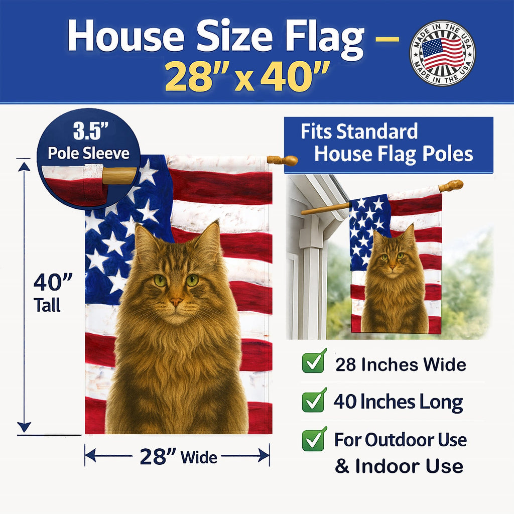 Norwegian Forest Cat Brown Tabby American House Flag 28x40 Porch Sleeve Pole Decorative Outside Yard Banner Artwork Wall Hanging, Polyester