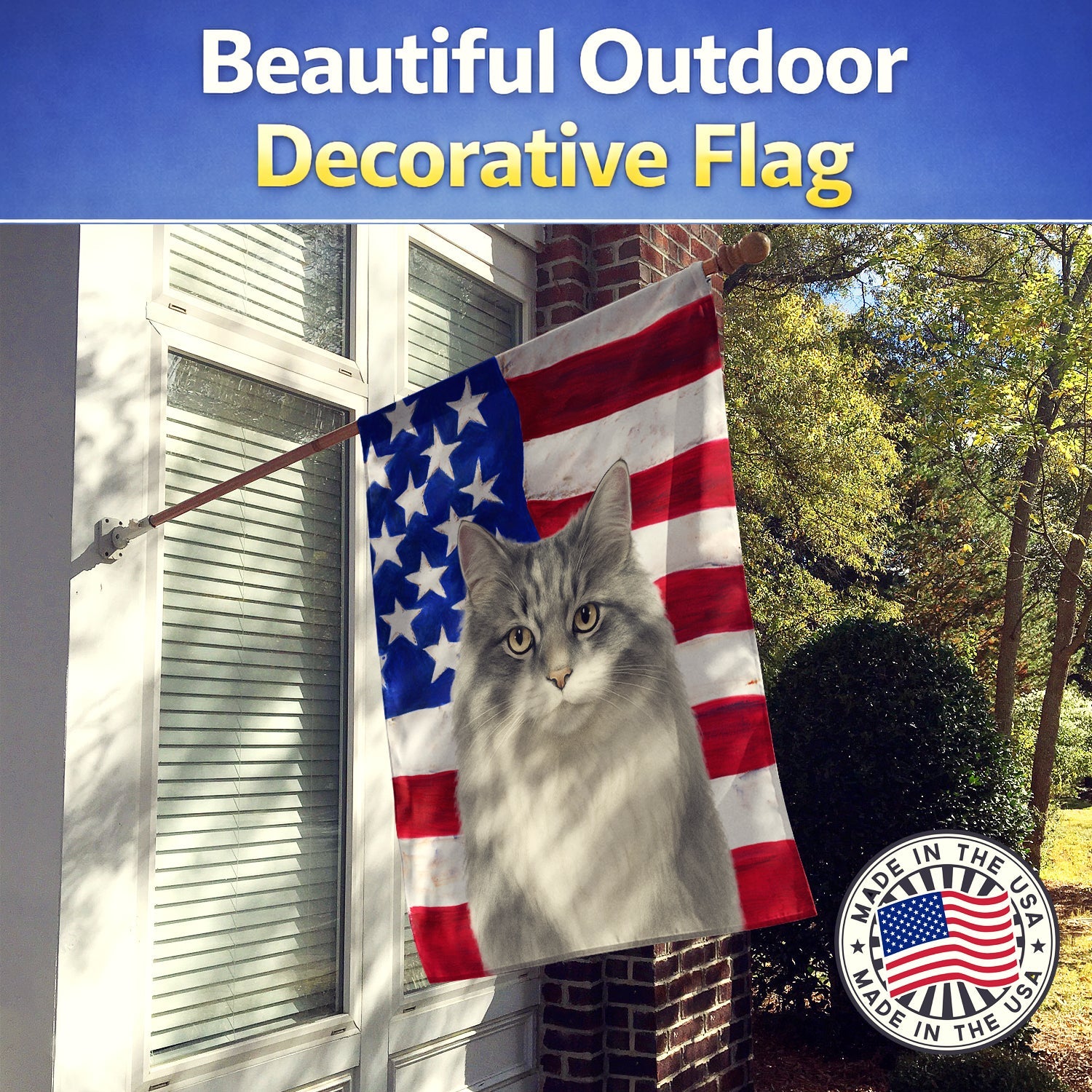 Norwegian Forest Cat Gray and White Tabby American House Flag 28x40 Porch Sleeve Pole Decorative Outside Yard Banner Artwork Wall Hanging, Polyester