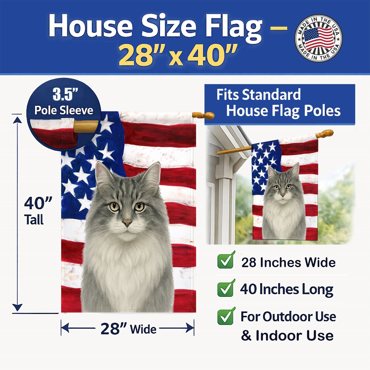 Norwegian Forest Cat Gray and White Tabby American House Flag 28x40 Porch Sleeve Pole Decorative Outside Yard Banner Artwork Wall Hanging, Polyester