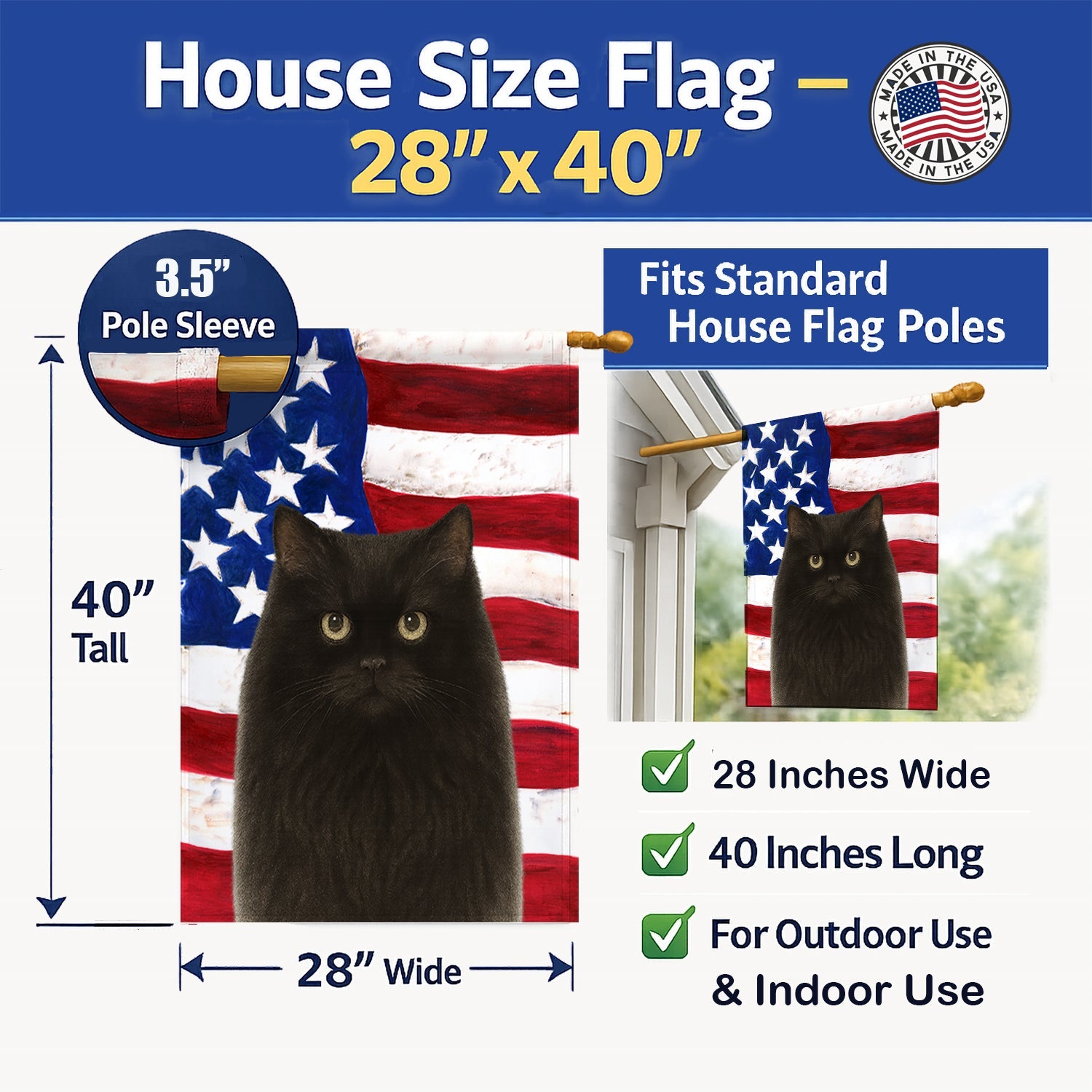 Persian Black Cat American House Flag 28x40 Porch Sleeve Pole Decorative Outside Yard Banner Artwork Wall Hanging, Polyester
