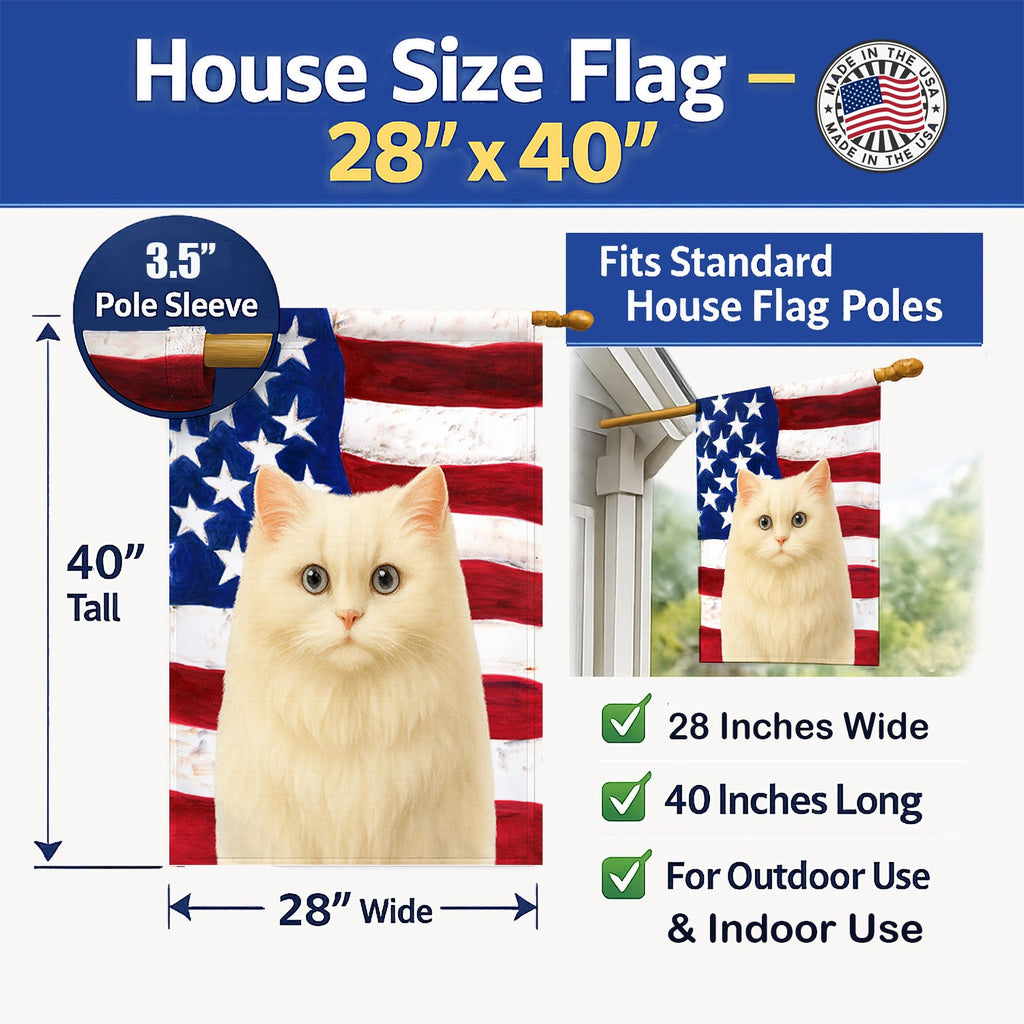 Persian White Cat American House Flag 28x40 Porch Sleeve Pole Decorative Outside Yard Banner Artwork Wall Hanging, Polyester
