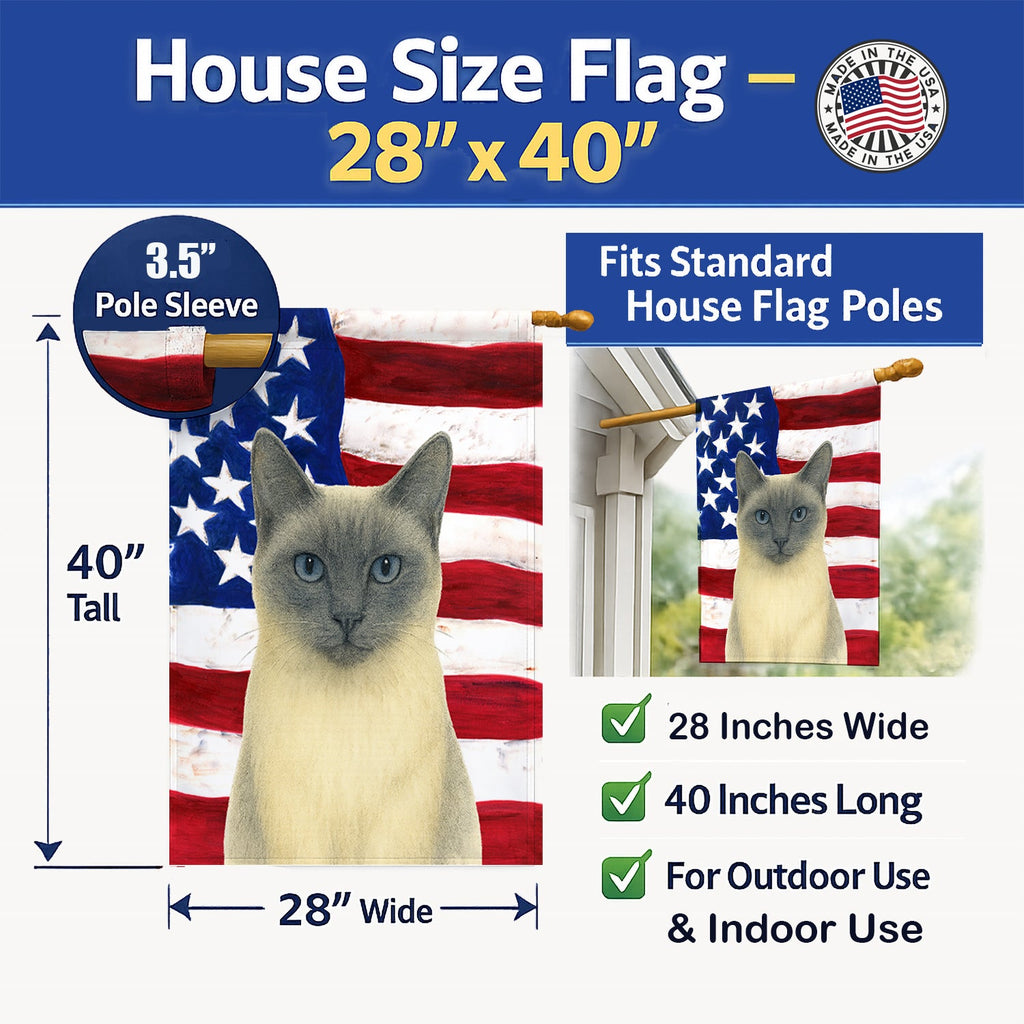 Blue Point Cat American House Flag 28x40 Porch Sleeve Pole Decorative Outside Yard Banner Artwork Wall Hanging, Polyester