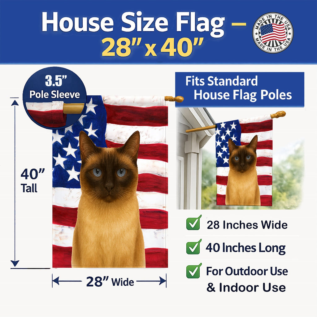 Chocolate Point Cat American House Flag 28x40 Porch Sleeve Pole Decorative Outside Yard Banner Artwork Wall Hanging, Polyester