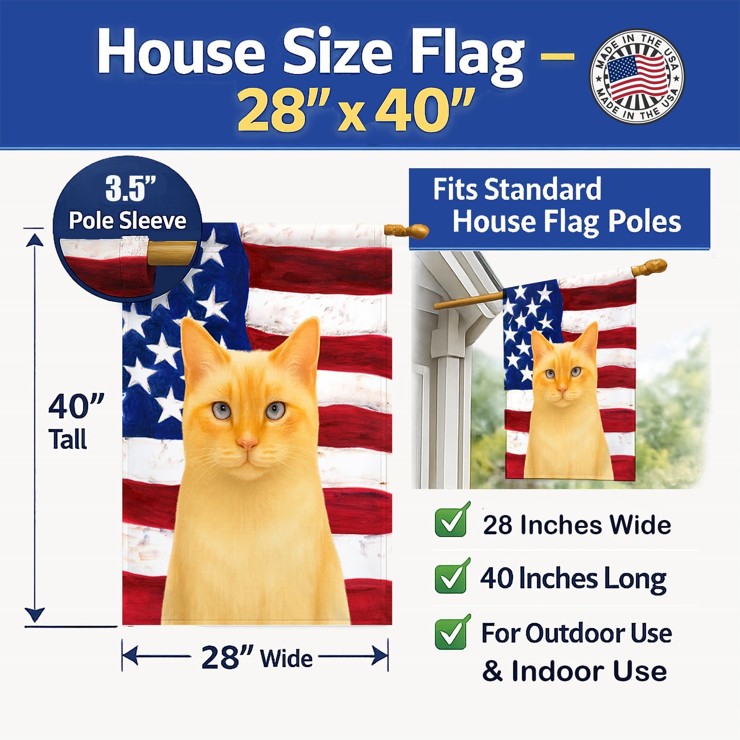 Flame Point Cat American House Flag 28x40 Porch Sleeve Pole Decorative Outside Yard Banner Artwork Wall Hanging, Polyester