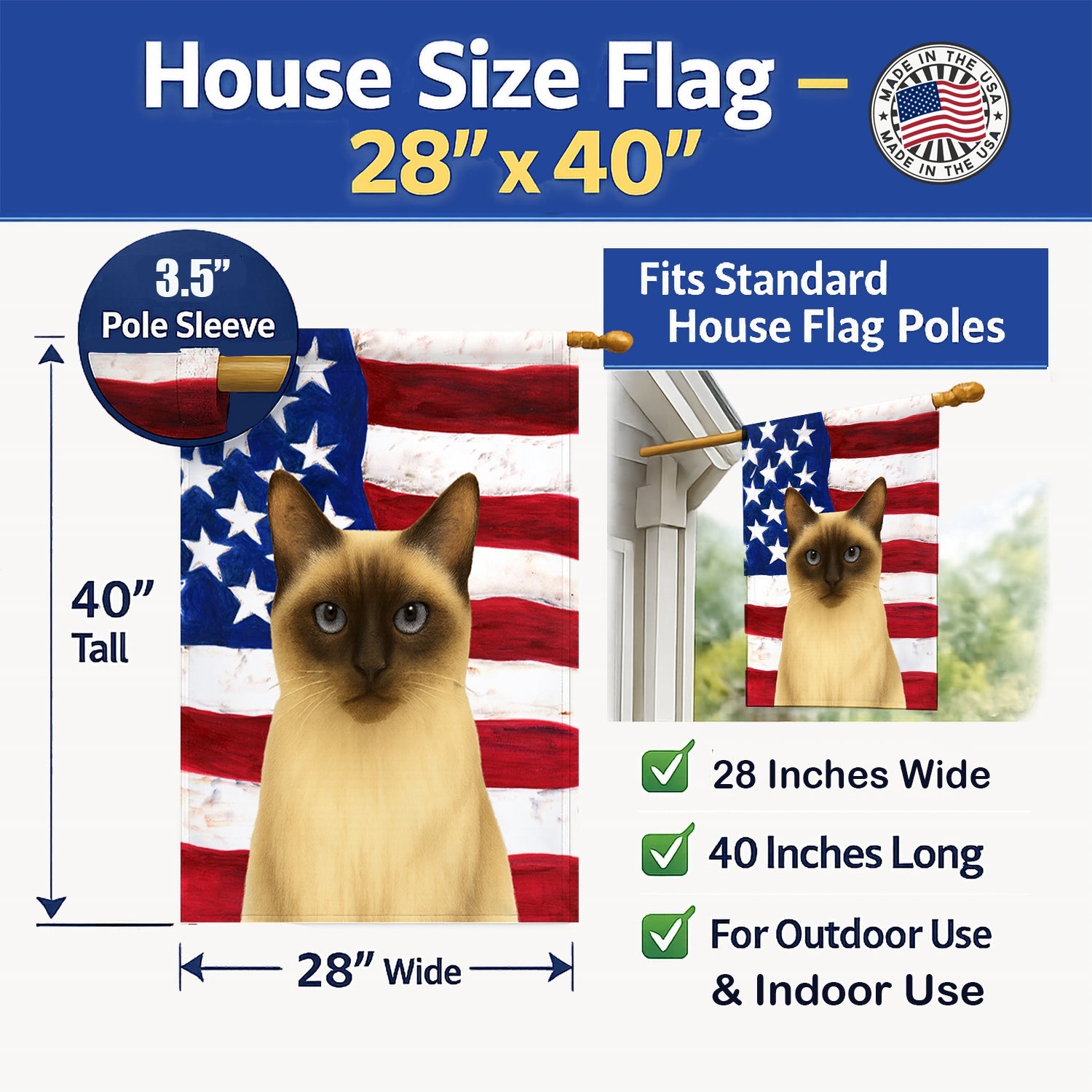 Seal Point Cat American House Flag 28x40 Porch Sleeve Pole Decorative Outside Yard Banner Artwork Wall Hanging, Polyester