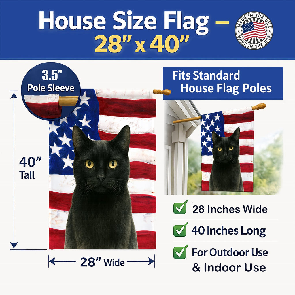 Black Cat American House Flag 28x40 Porch Sleeve Pole Decorative Outside Yard Banner Artwork Wall Hanging, Polyester