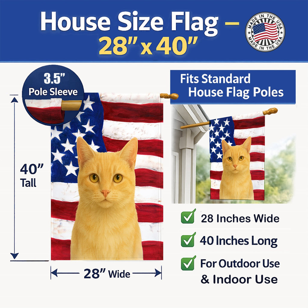 Cream Cat American House Flag 28x40 Porch Sleeve Pole Decorative Outside Yard Banner Artwork Wall Hanging, Polyester