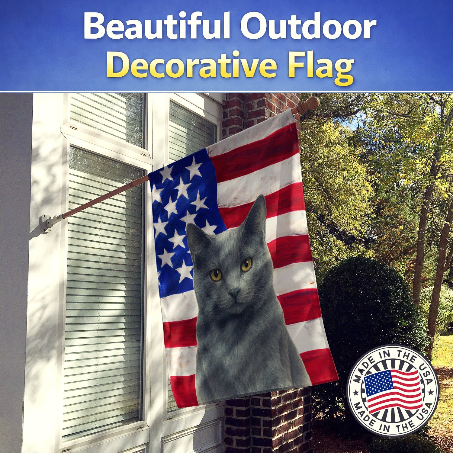 Gray Cat American House Flag 28x40 Porch Sleeve Pole Decorative Outside Yard Banner Artwork Wall Hanging, Polyester