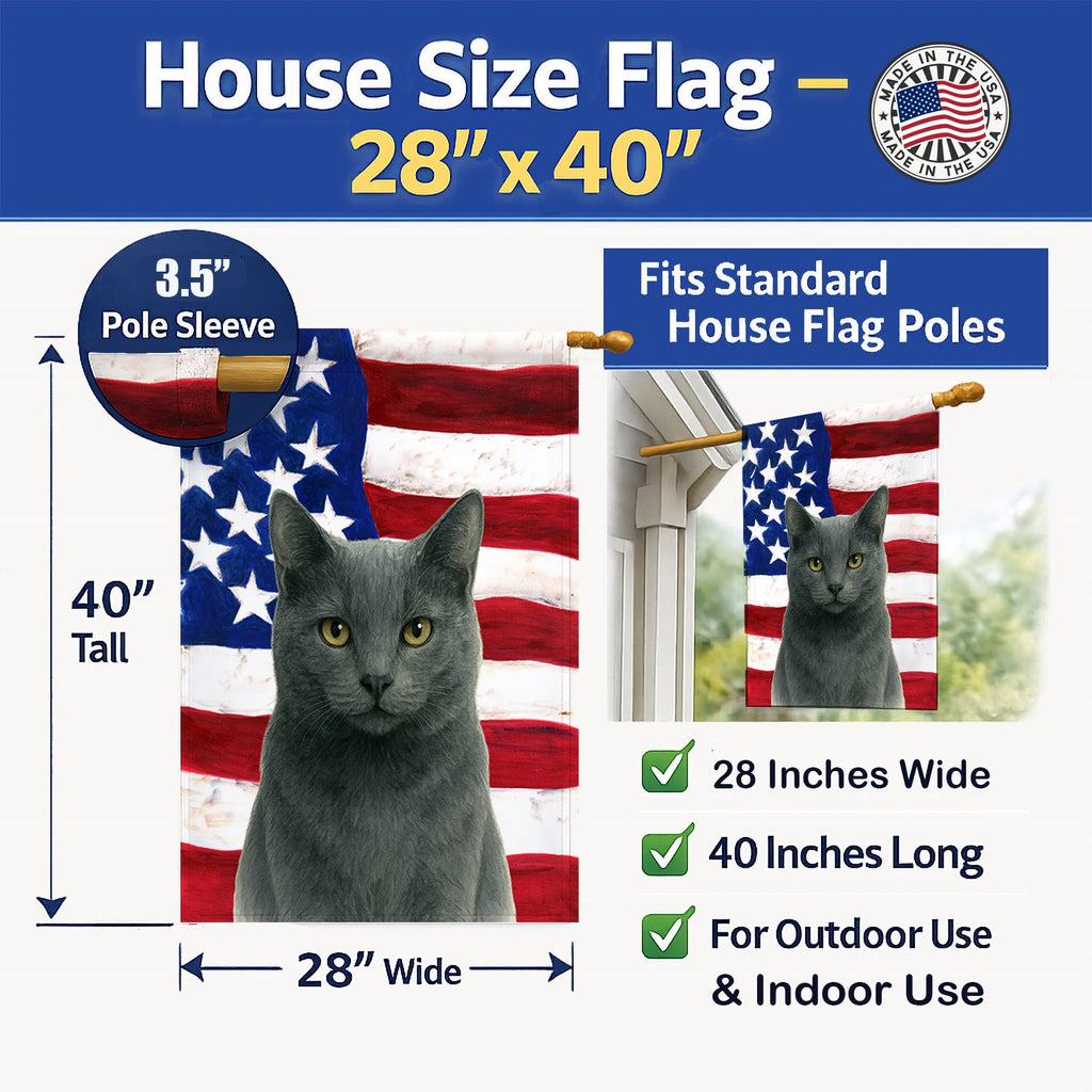 Gray Cat American House Flag 28x40 Porch Sleeve Pole Decorative Outside Yard Banner Artwork Wall Hanging, Polyester