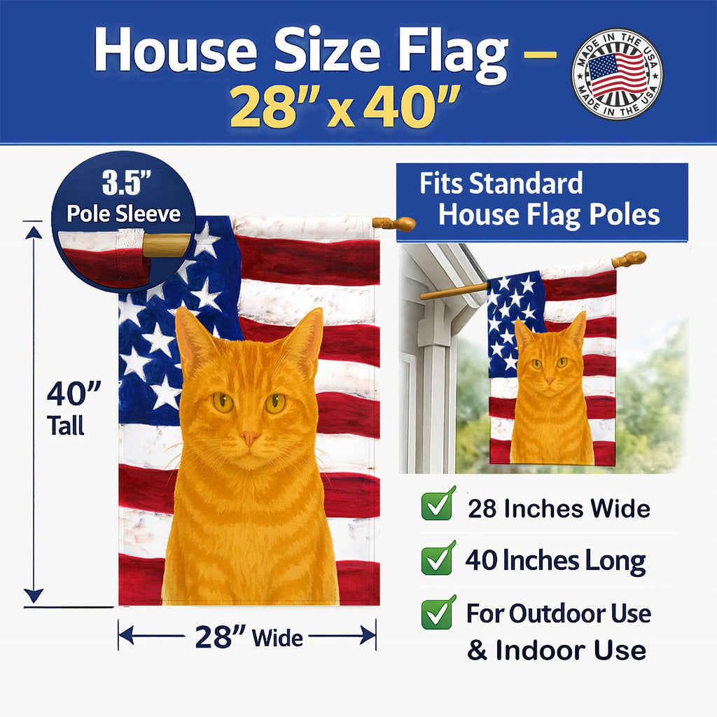 Red Cat American House Flag 28x40 Porch Sleeve Pole Decorative Outside Yard Banner Artwork Wall Hanging, Polyester